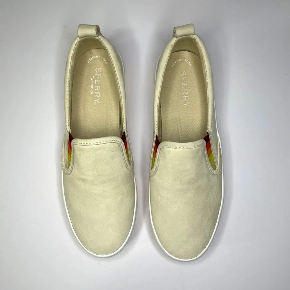 Sperry Top Sider Boat Shoes Womens 7.5 Tan Rainbow Pride Slip On Leather Sneaker